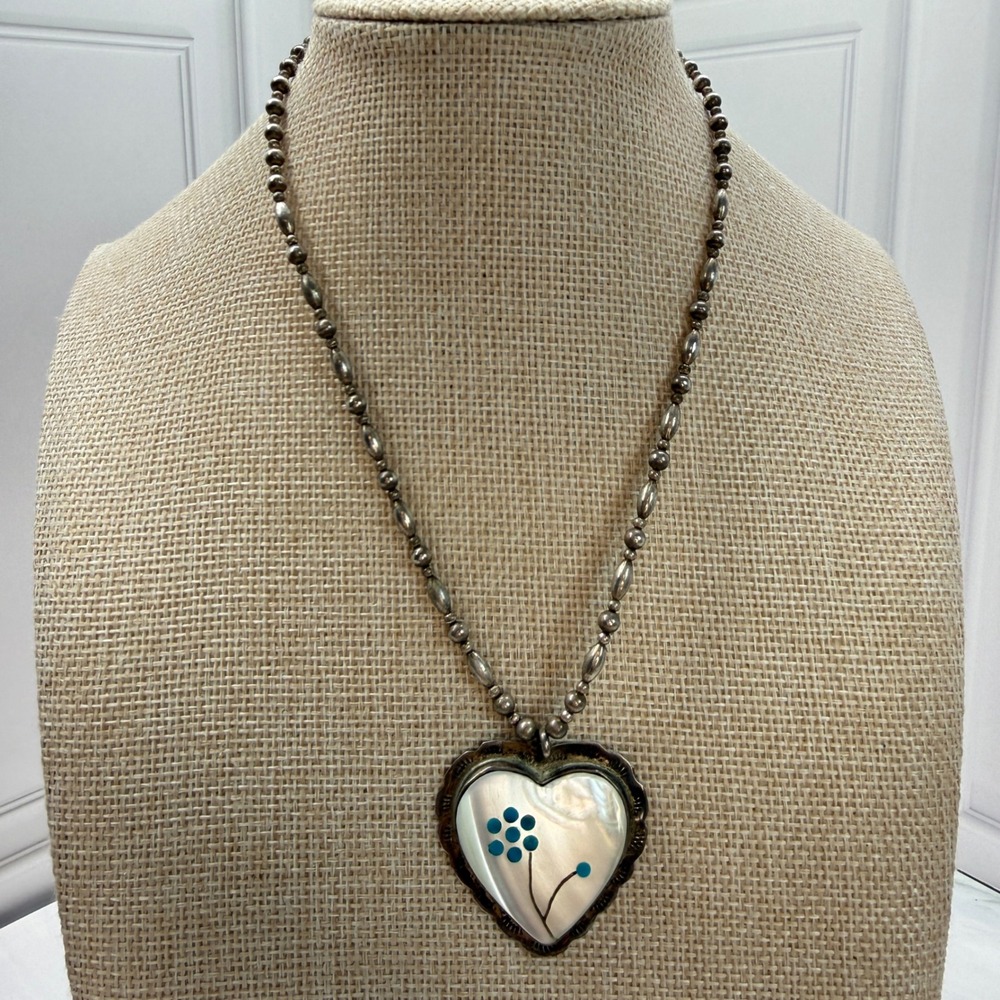 TEK Sterling Silver Heart Pendant Mother of Pearl Turquoise Flower Necklace